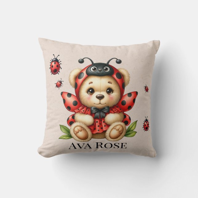 A Cute Teddy Bear Dressed Like a Ladybug Throw Pillow (Front)