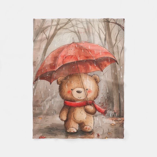 A Cute Teddy Bear in The Rain Fleece Blanket (Front)