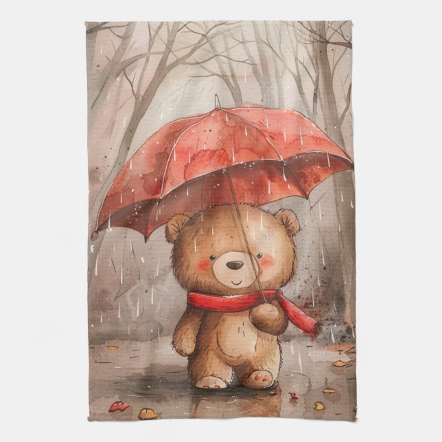 A Cute Teddy Bear in The Rain Kitchen Towel (Vertical)