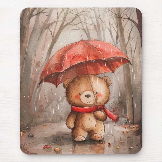 A Cute Teddy Bear in The Rain Mouse Pad (Front)