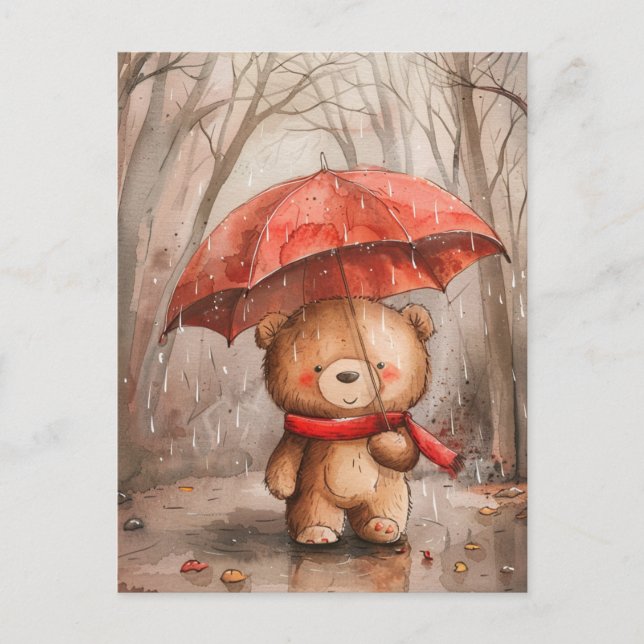 A Cute Teddy Bear in The Rain Postcard (Front)