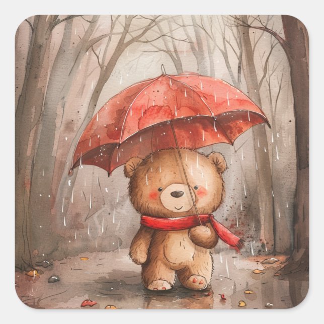 A Cute Teddy Bear in The Rain Square Sticker (Front)