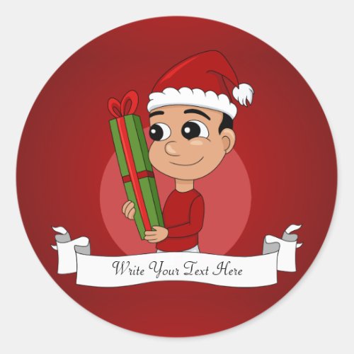 A cute toddler holding a Christmas present Classic Round Sticker