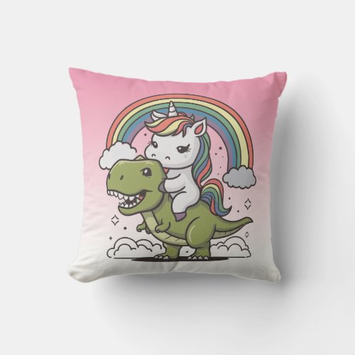 A Cute Unicorn is on an Adventure with T_Rex Throw Pillow