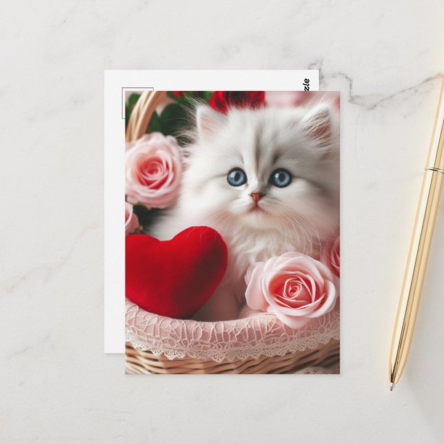 A cute Valentine Kitten Postcard (Front/Back In Situ)