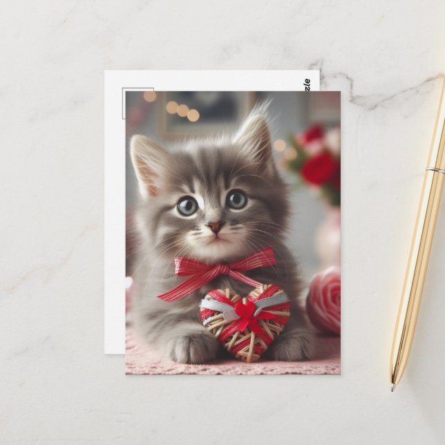 A cute Valentine Kitten Postcard (Front/Back In Situ)