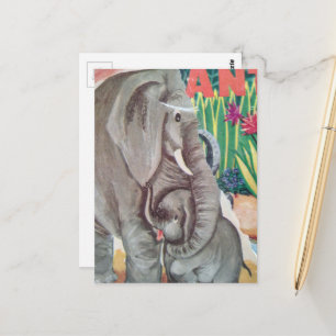 A Cute Vintage Baby Elephant and Mother Postcard