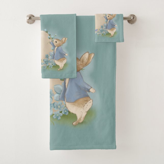 A cute, vintage bunny paints an Easter egg in a cl Bath Towel Set (Insitu)