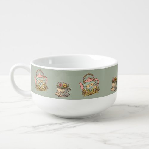 a cute vintage cottage core tea pot soup mug