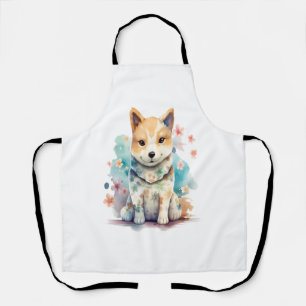 A cute well-behaved dog in a floral   apron