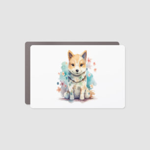 A cute well-behaved dog in a floral car magnet