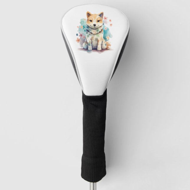 A cute well-behaved dog in a floral   golf head cover (Front)