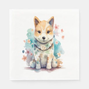 A cute well-behaved dog in a floral shirt napkins