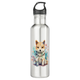 A cute well-behaved dog in a floral stainless steel water bottle