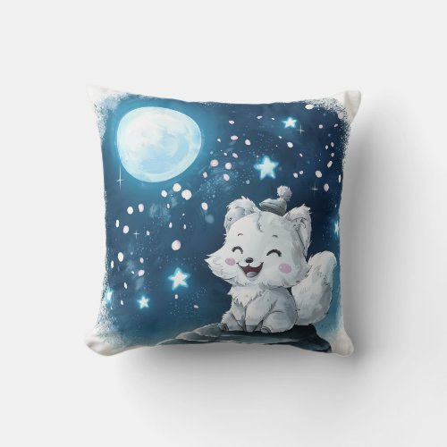 A Cute White Little Fox on a Rock at Full Moon Throw Pillow