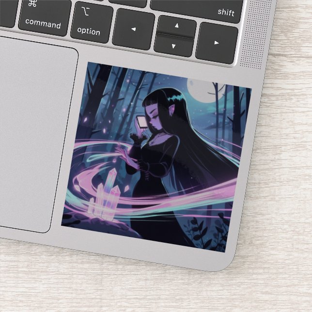 A Cute Witch Charging Crystals in Woods Sticker (Detail)