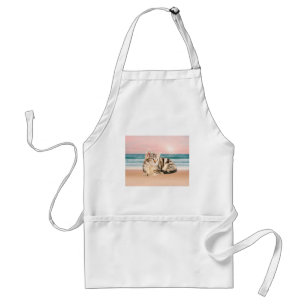 A Cuter Striped Cat Sitting on Beach with sunset Adult Apron