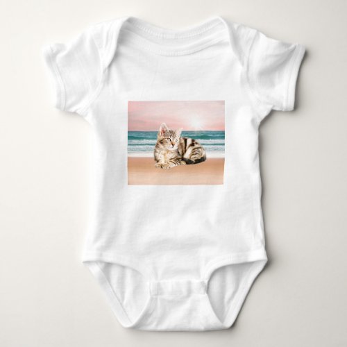 A Cuter Striped Cat Sitting on Beach with sunset Baby Bodysuit