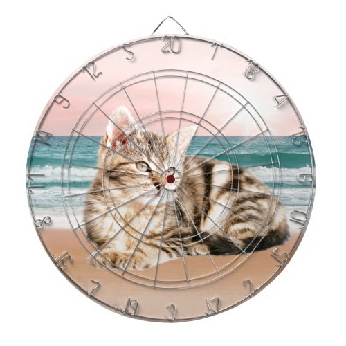 A Cuter Striped Cat Sitting on Beach with sunset Dart Board