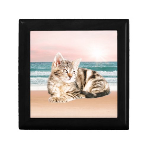 A Cuter Striped Cat Sitting on Beach with sunset Keepsake Box