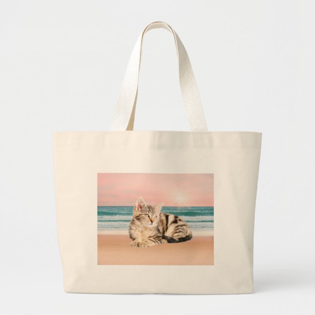 A Cuter Striped Cat Sitting on Beach with sunset Large Tote Bag (Front)