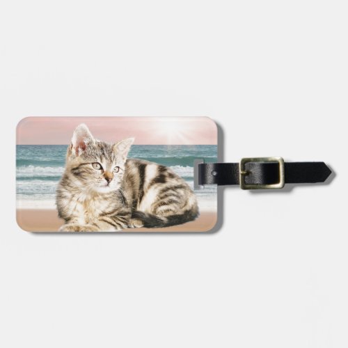 A Cuter Striped Cat Sitting on Beach with sunset Luggage Tag