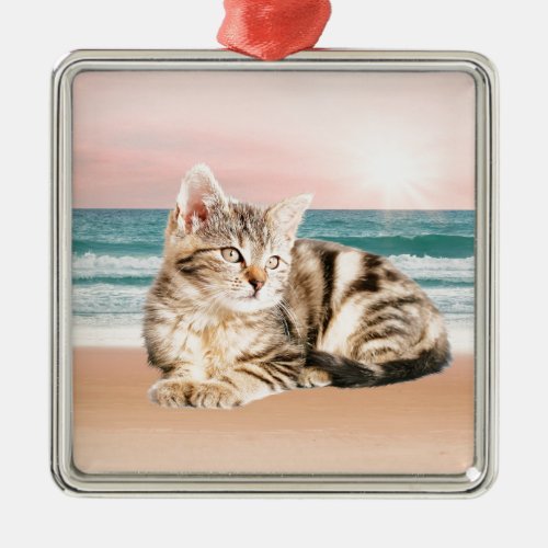 A Cuter Striped Cat Sitting on Beach with sunset Metal Ornament