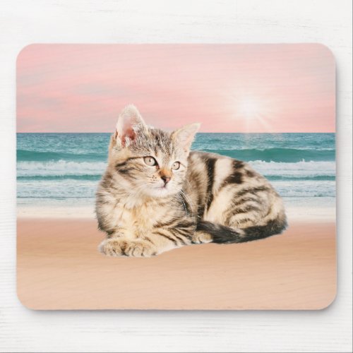 A Cuter Striped Cat Sitting on Beach with sunset Mouse Pad