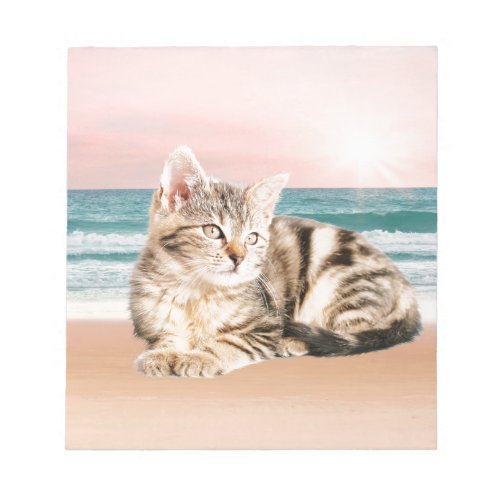 A Cuter Striped Cat Sitting on Beach with sunset Notepad