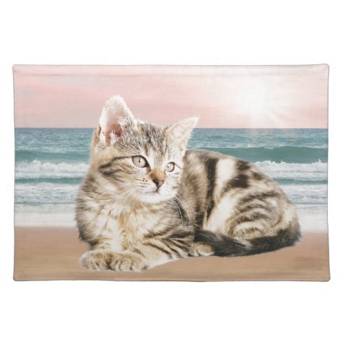 A Cuter Striped Cat Sitting on Beach with sunset Placemat