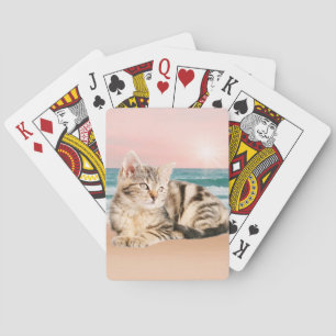 A Cuter Striped Cat Sitting on Beach with sunset Poker Cards
