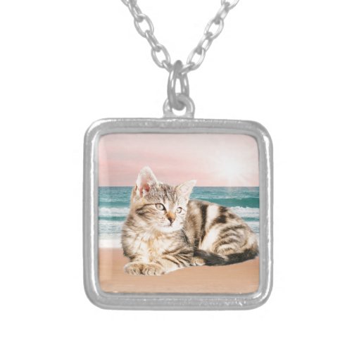 A Cuter Striped Cat Sitting on Beach with sunset Silver Plated Necklace