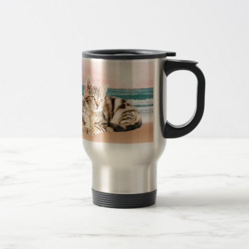 A Cuter Striped Cat Sitting on Beach with sunset Travel Mug