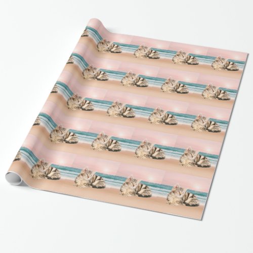 A Cuter Striped Cat Sitting on Beach with sunset Wrapping Paper