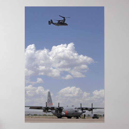 A CV_22 Osprey flies over a C_130 Hercules Poster