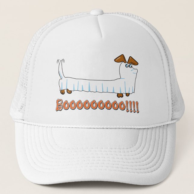 A Dachshund in a Sheet as a Ghost for Halloween Trucker Hat (Front)
