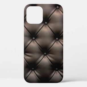 A dark leather cushion background, from a car seat iPhone 12 case