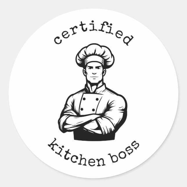 A dashing black monochromatic comic style of chef classic round sticker (Front)