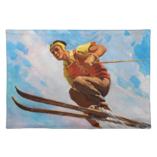 A Dashing Skier by Endre Hollos Cloth Placemat