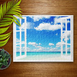 A Day at the Beach Jigsaw Puzzle<br><div class="desc">Beautiful watercolor brush rendition of the crystal blue water and equally brilliant blue skies out the open window at your white sandy tropical beach vacation villa.</div>