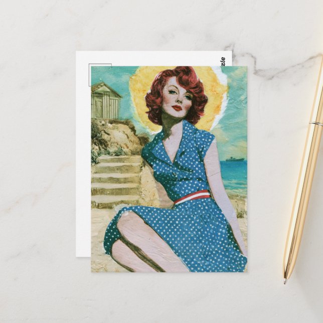 A Day at the Beach Retro Woman in Blue Polka Dots Postcard (Front/Back In Situ)