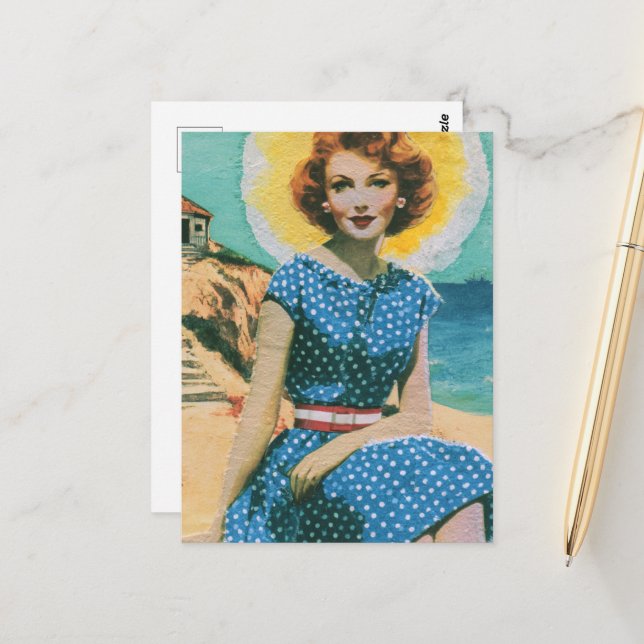 A Day at the Beach Vintage Lady in Blue Polka Dots Postcard (Front/Back In Situ)