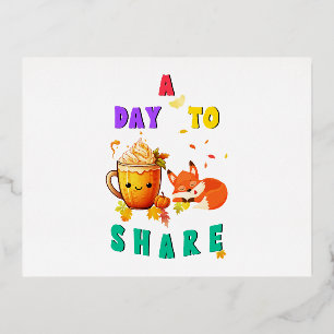 A Day To Share Ginkgo Oak Botany Fox Thanksgiving Foil Holiday Postcard