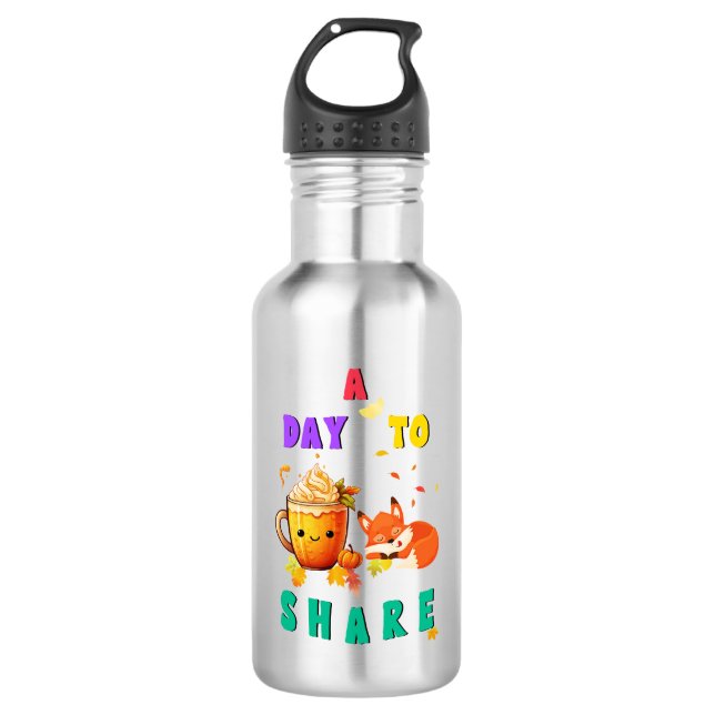 A Day To Share Ginkgo Oak Botany Fox Thanksgiving Stainless Steel Water Bottle (Front)
