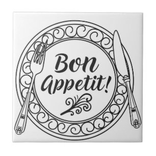 A decorative bon appetit sign with fork and knife ceramic tile