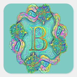 A decorative initial letter "B" with flowers  Square Sticker