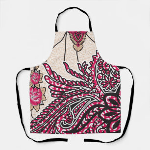 A decorative paisley design with vivid red and pin apron