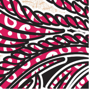 A decorative paisley design with vivid red and pin cutout