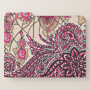 A decorative paisley design with vivid red and pin file folder