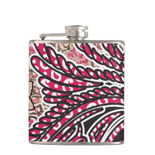 A decorative paisley design with vivid red and pin flask